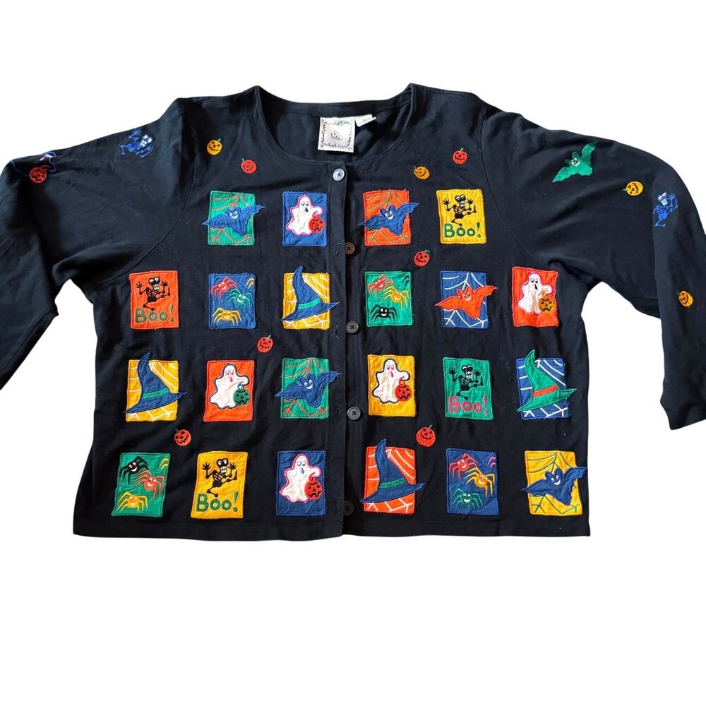 Michael Simon Vtg Halloween Cardigan Sweater 2X Black Ghost Bat Spider Pumpkin